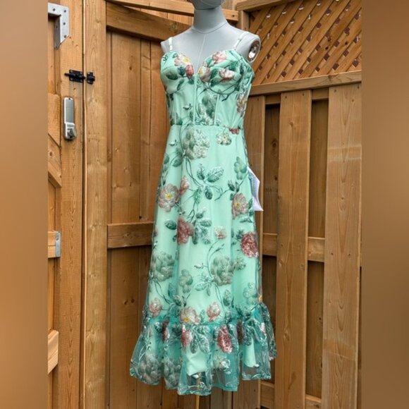 🆕 DRESS THE POPULATION 🧿 NWOT Lauren Floral Sequin Midi Dress, Sage - Sz L - Picture 3 of 15